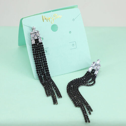 Black Crystal Long Tassel Earing 925 Silver Tips