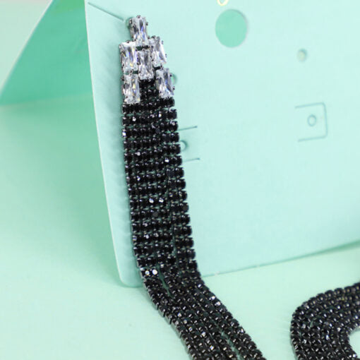 Black Crystal Long Tassel Earing 925 Silver Tips