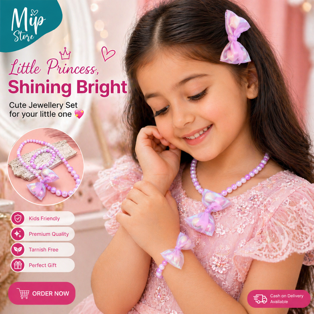Princess Bow Necklace and Bracelet Jewelry Set