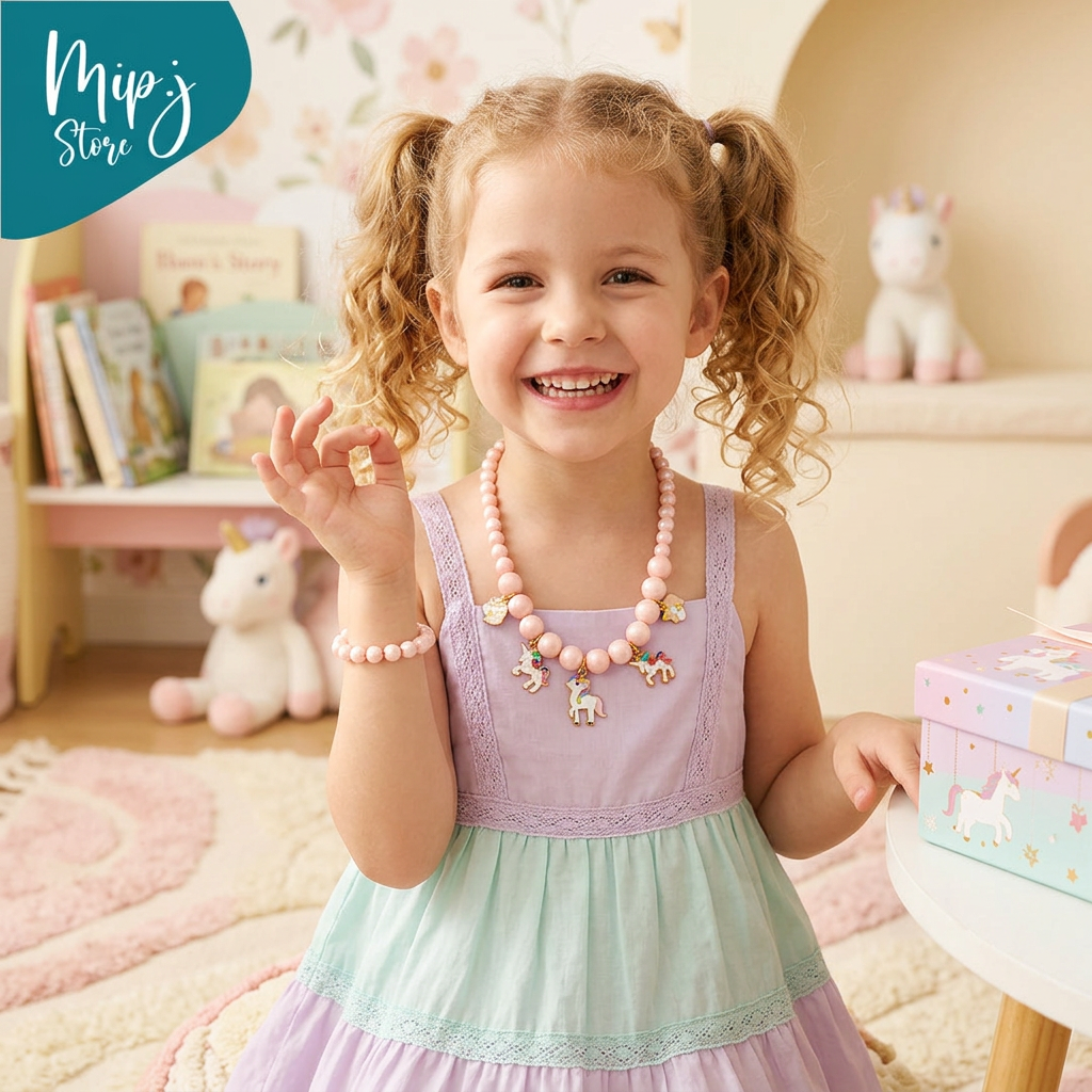 Pink beaded necklace with unicorn charms on a pink background, branded 'Mipj Store'.