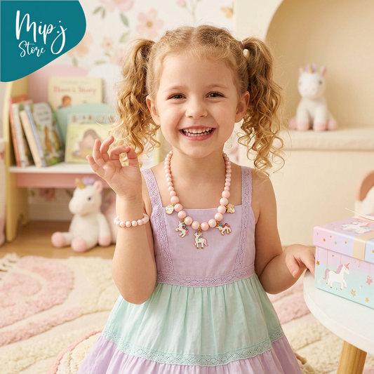 Pink beaded necklace with unicorn charms on a pink background, branded 'Mipj Store'.
