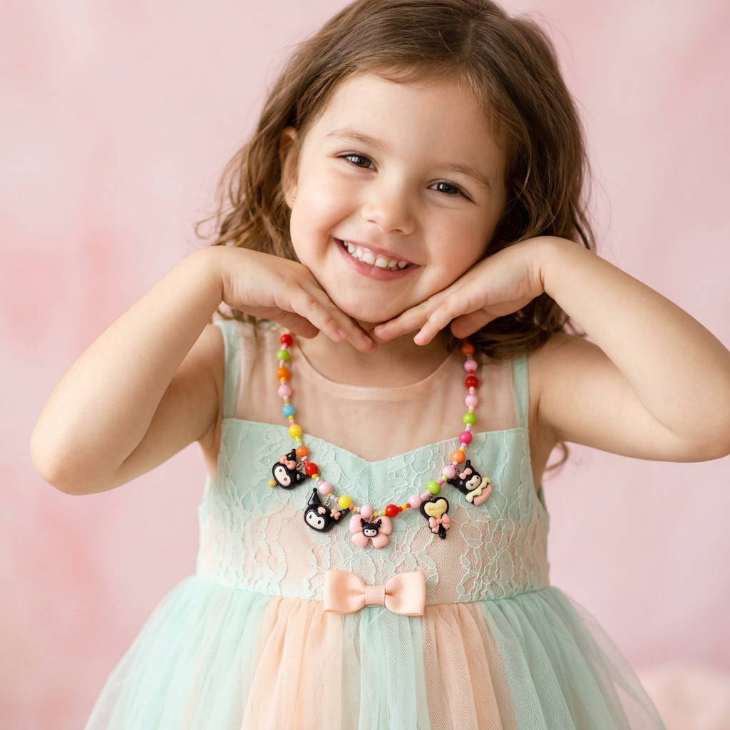 Colorful beaded necklace with cartoon character pendants on a pink background