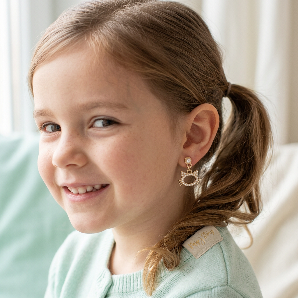 A pair of gold-colored Hello Kitty stud earrings with 925 silver tips, displayed on a blue card with the brand name 'Chandi' at the top.
