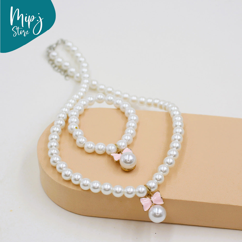 Disney Bow Pearl  Necklace Bracelet Set