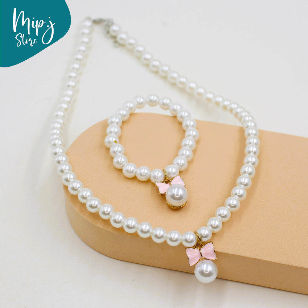 Disney Bow Pearl  Necklace Bracelet Set