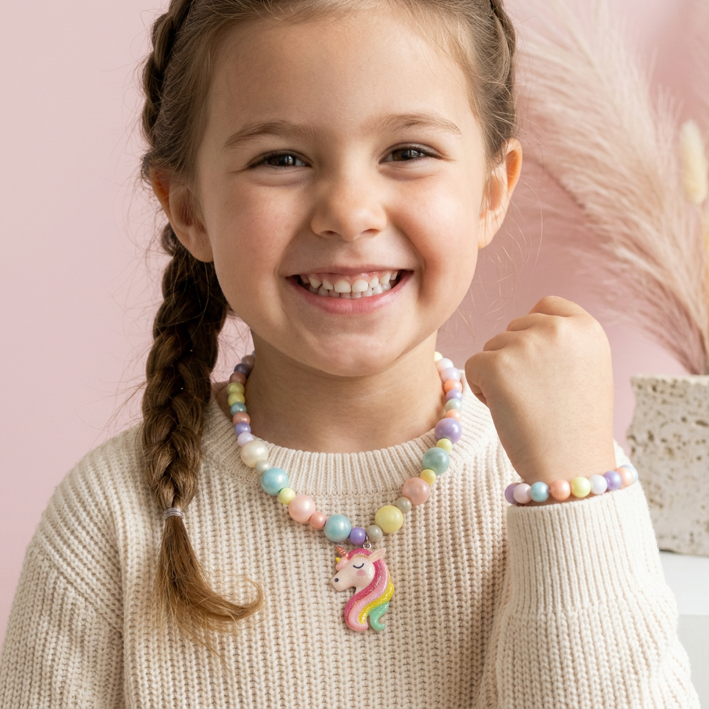 Rainbow unicorn shine pearls jewellery set for little girls