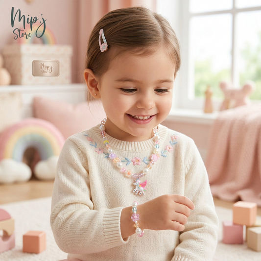 A unicorn wings flower necklace and bracelet set with multicolored beads and a unicorn figure on a pink background.